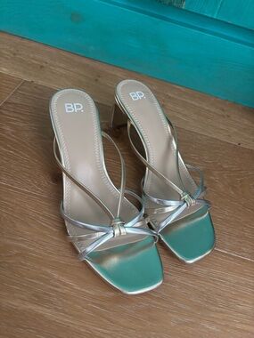 bp Metallic Gold Strappy Heeled Sandals with Teal Insole